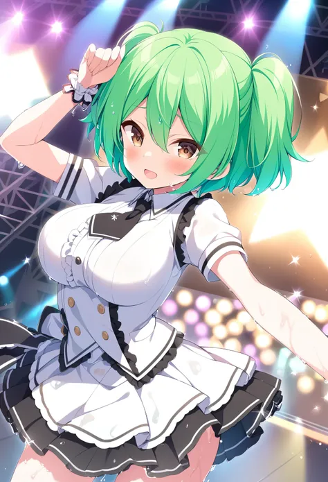 OSHIITOMO, GREEN HAIR, SHORT TWINTAILS, HAIR BETWEEN EYES, BROWN EYES,, large breasts,, Live Stage, solo　wet