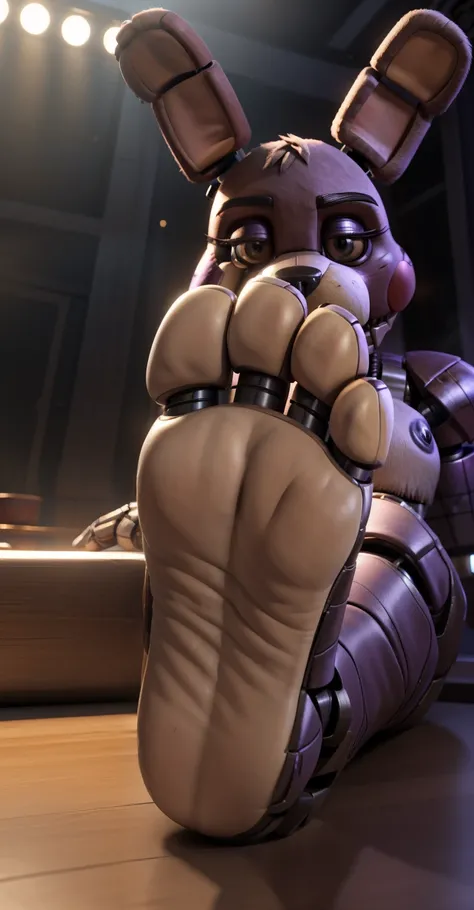 a bonnie the rabbit animatronic from five nights at freddys, ((soles feet facing the viewer)), extremely detailed, photorealistic, professional lighting, studio quality, 8k, masterpiece, intricate details, hyper realistic, sharp focus, physically-based ren...