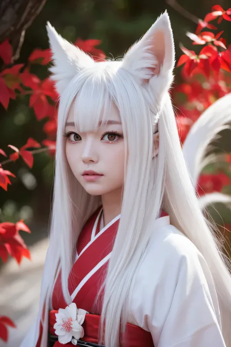 White Demon Fox、Nine-tailed Fox、Japanese women、kimono、Fair skin、Red lines on face、8K、I have long hair