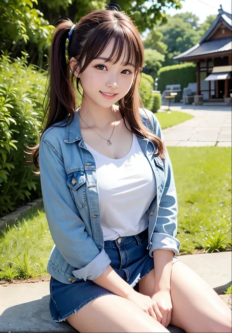 (highest quality,masterpiece:1.3,Ultra-high resolution),(Very detailed、Caustics) (Realistic:1.4, RAW shooting、)Ultra-Realistic Capture、Very detailed、Natural skin texture、masterpiece、(Japanese woman wearing a t-shirt, mini jeans skirt and jacket:1.3), Adora...