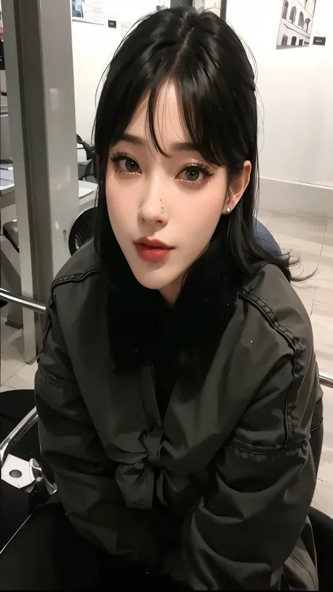 realismo, foto real, full hd, 4k quality, mulher bonita, rosto de porcelana, olhos verdes, mulher tatuada, sexy, idol de kpop, cabelo solto e preto, franja, mulher sexy, coreana, Asian, gostosa