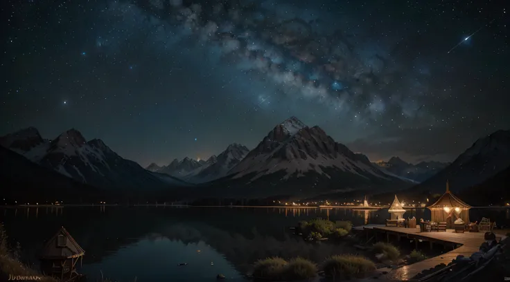 Starry night sky with a mountain and a lake in the foreground, just a joke, e Mumford Tom Bagshaw, e Mumford e Peter Mohrbacher, por Jason Benjamin, Atmospheric art, josan gonzales e dan mumford, por Justin Gerard, Anton Fadeev e Mumford, Direction: Nathan...