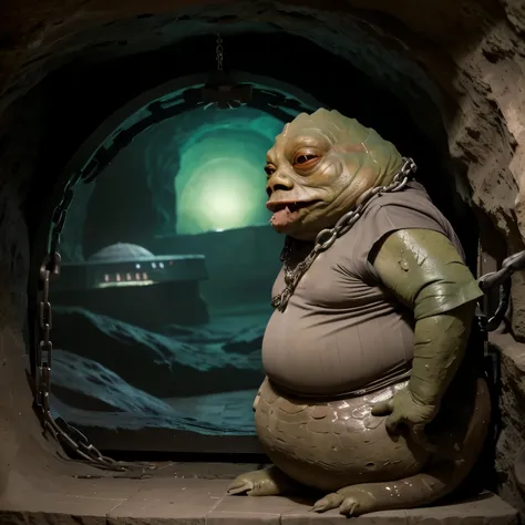 a fat male jabba, fat, brown-green body, large red snake eyes, saliva dripping down his chin, standing sideways by a stone pedes...