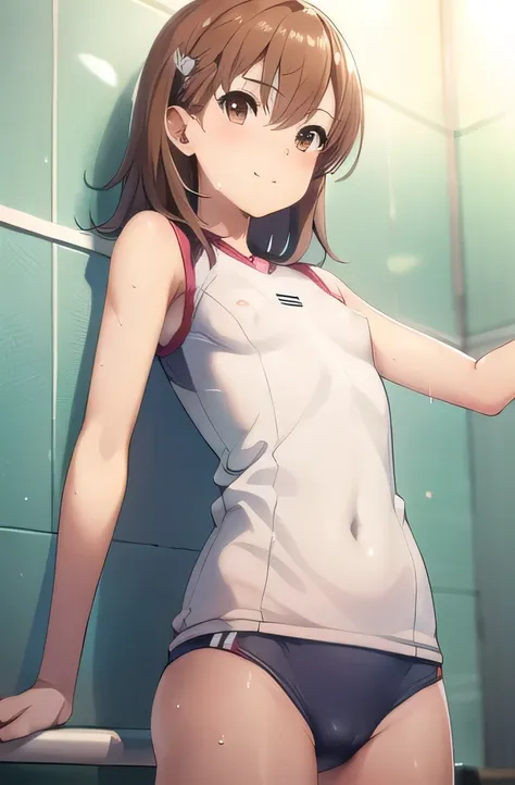 Misaka Mikoto, Brown Hair, (Shortcuts:1.5), (Brown eyes:1.7), Ringlet, hair bow, bow, red bow, (Small breasts:1.5),Nipple erection、
break,Fine gym clothes:1.3、Shortcuts
break looking at viewer, whole body,
Rest room、
break (masterpiece:1.2), highest qualit...