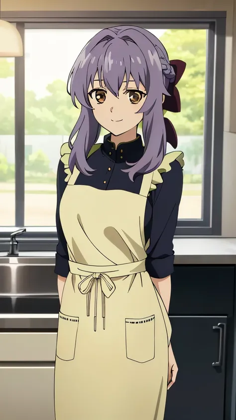 (masterpiece, best quality, high resolution, 8k),anime art style, Shinoa, 1 girl, dark brown eyes, medium breasts, smile, hair ribbon, (Innerwear, apron, pants, kitchen), alone, standing,dynamic Angle cowboy shot,