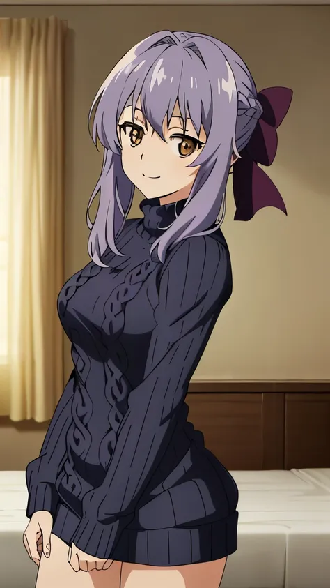 (masterpiece, best quality, high resolution, 8k),anime art style, Shinoa, 1 girl, dark brown eyes, medium breasts, smile, hair ribbon, (virgin killer sweater, room), alone, standing,dynamic Angle cowboy shot,