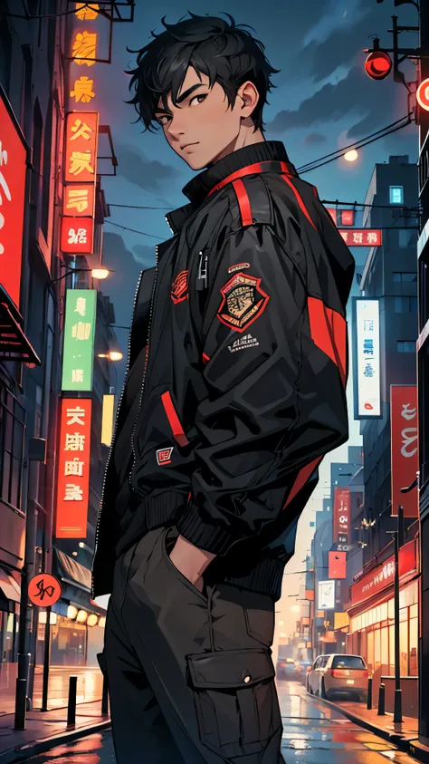 (high quality, 4k, high details), young man in his 20s, black hair, black eyes, short hair, black jacket with red, night, city, artificial ilimination