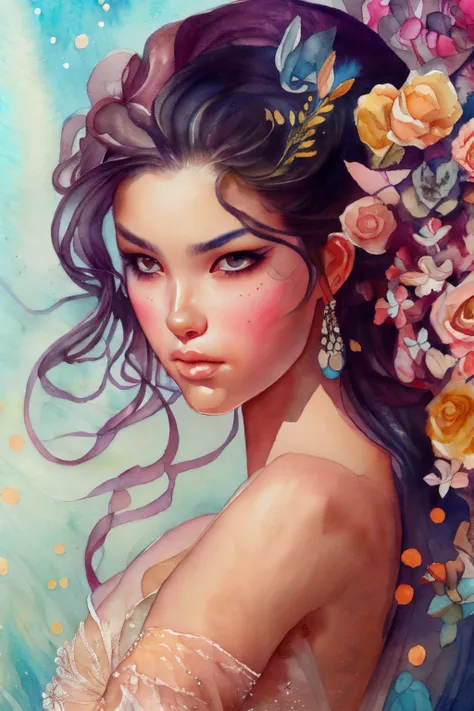 this is a realistic and detailed watercolor fantasy image. generate a beautiful ethereal woman with beautiful detailed eyes and ...