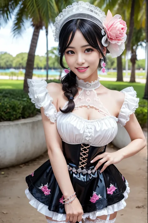 (nsfw), sexy stylish Thai model, only 1 female, ((doll-like appearance)), short neon pink stylish hair, ((shiny Victorian-Style boots)), (big smile), ultra detailed eyes, vivid eye makeup, lipgloss, long lashes, defined eyebrows, ((sexy Paradise Kiss cospl...