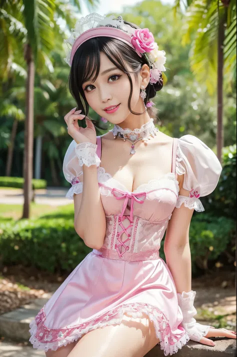 (nsfw), sexy stylish Thai model, only 1 female, ((doll-like appearance)), short neon pink stylish hair, ((shiny Victorian-Style boots)), (big smile), ultra detailed eyes, vivid eye makeup, lipgloss, long lashes, defined eyebrows, ((sexy Paradise Kiss cospl...