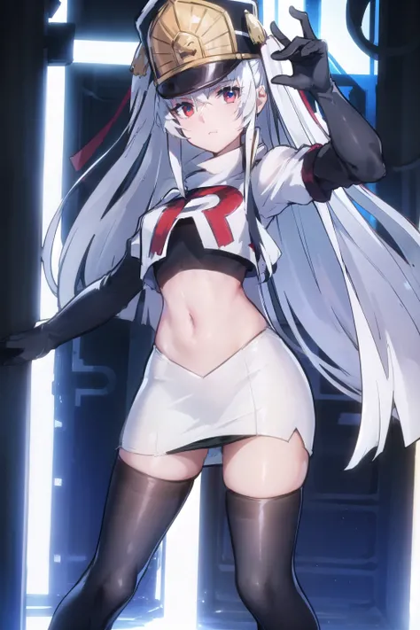 1girl, solo, altair, team rocket,team rocket uniform,white skirt,red letter R,crop top,black thigh-highs,black elbow gloves,