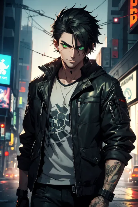 a 28-year-old man, Black hair, green eyes, gash on left side of face, one blind eye, left arm prosthetic, one male individual, Anime style, Cyberpunk, Illuminated street, high quality picture, 4K, movie, Detailed face, the detailed images