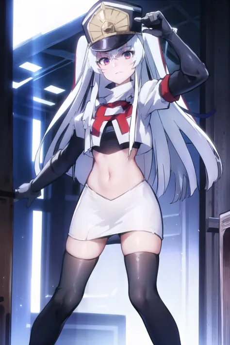 1girl, solo, altair, team rocket,team rocket uniform,white skirt,red letter R,crop top,black thigh-highs,black elbow gloves,