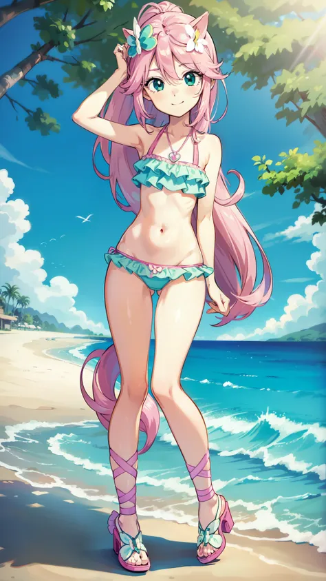 Fluttershy, 1 girl, Equestria Girls, pink hair, long ponytail, blue eyes, clear yellow skin, small breasts, detailed body, detailed face, detailed eyes, glistering body, shiny body, gorgeous body, masterpiece, athletic body, full body, smilling, ((flower o...