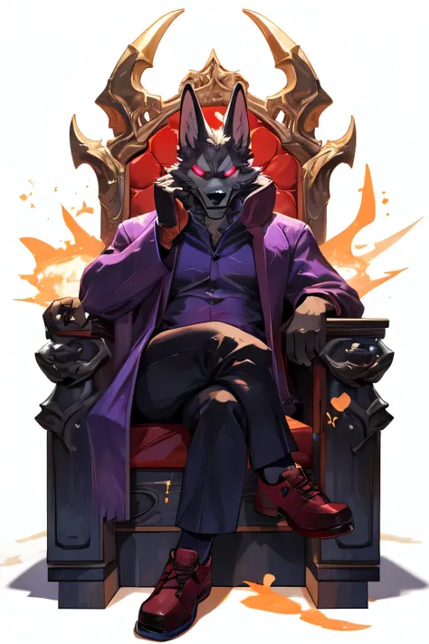 male old anthro jackal, sitting in an throne with crossed legs, solo, serious look, serious expression, angry expression, black and white spectator shoes, grey body, grey fur, orange gloves, purple clothing, purple longcoat, purple pants, purple suit, red ...