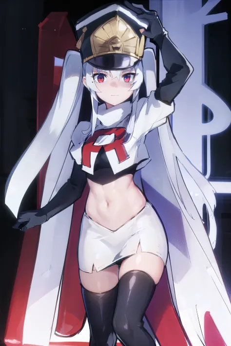 1girl, solo, altair, team rocket,team rocket uniform,white skirt,red letter R,crop top,black thigh-highs,black elbow gloves,