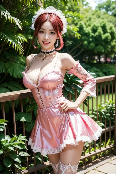 (nsfw), sexy stylish Thai model, only 1 female, ((doll-like appearance)), short bright red stylish hair, ((shiny Victorian-Style boots)), (big smile), ultra detailed eyes, vivid eye makeup, lipgloss, long lashes, defined eyebrows, ((sexy Paradise Kiss cosp...