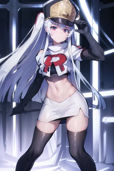 1girl, solo, altair, team rocket,team rocket uniform,white skirt,red letter R,crop top,black thigh-highs,black elbow gloves,