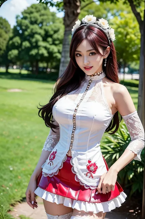 (nsfw), sexy stylish Thai model, only 1 female, ((doll-like appearance)), short bright red stylish hair, ((shiny Victorian-Style boots)), (big smile), ultra detailed eyes, vivid eye makeup, lipgloss, long lashes, defined eyebrows, ((sexy Paradise Kiss cosp...