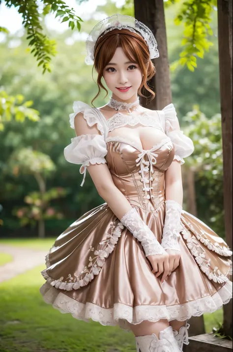 (nsfw), sexy stylish Thai model, only 1 female, ((doll-like appearance)), short Auburn stylish hair, ((shiny Victorian-Style boots)), (big smile), ultra detailed eyes, vivid eye makeup, lipgloss, long lashes, defined eyebrows, ((sexy Paradise Kiss cosplay)...