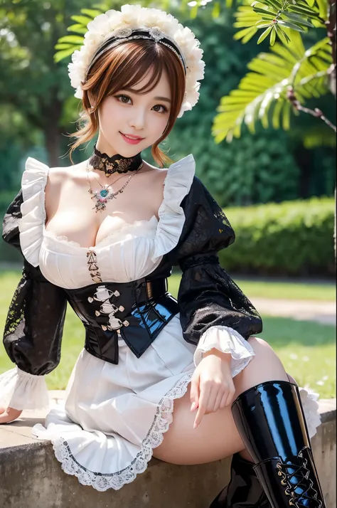 (nsfw), sexy stylish Thai model, only 1 female, ((doll-like appearance)), short Auburn stylish hair, ((shiny Victorian-Style boots)), (big smile), ultra detailed eyes, vivid eye makeup, lipgloss, long lashes, defined eyebrows, ((sexy Paradise Kiss cosplay)...