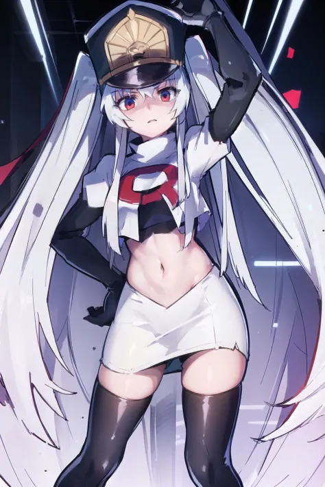 1girl, solo, altair, team rocket,team rocket uniform,white skirt,red letter R,crop top,black thigh-highs,black elbow gloves,