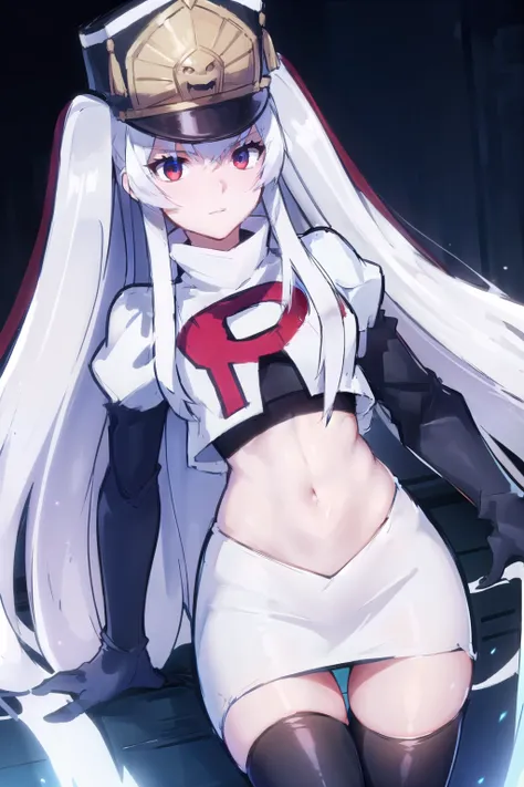 1girl, solo, altair, team rocket,team rocket uniform,white skirt,red letter R,crop top,black thigh-highs,black elbow gloves,