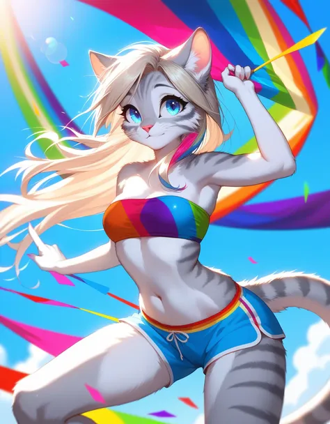 score_9,score_8_up,score_7_up, source_cartoon, source_furry, Kat, a cute Anthro furry feline girl, tall body, hourglass figure, adult female, blue eyes, :3, silver fur, long blonde hair, rainbow highlights, white whiskers, pink nose, wearing rainbow bandea...