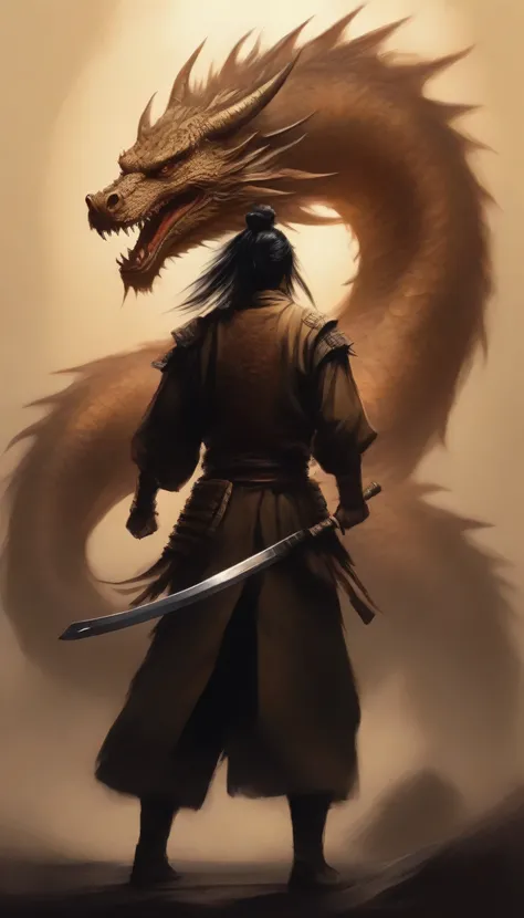 Male samurai fighting from a brown dragon back with drawn katana