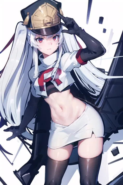 1girl, solo, altair, team rocket,team rocket uniform,white skirt,red letter R,crop top,black thigh-highs,black elbow gloves,