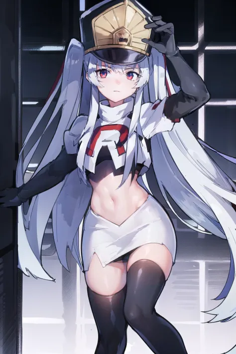 1girl, solo, altair, team rocket,team rocket uniform,white skirt,red letter R,crop top,black thigh-highs,black elbow gloves,