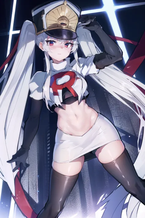 1girl, solo, altair, team rocket,team rocket uniform,white skirt,red letter R,crop top,black thigh-highs,black elbow gloves,