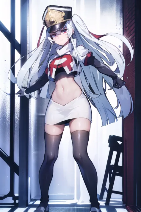 1girl, solo, altair, team rocket,team rocket uniform,white skirt,red letter R,crop top,black thigh-highs,black elbow gloves,