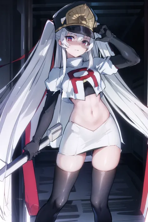 1girl, solo, altair, team rocket,team rocket uniform,white skirt,red letter R,crop top,black thigh-highs,black elbow gloves,