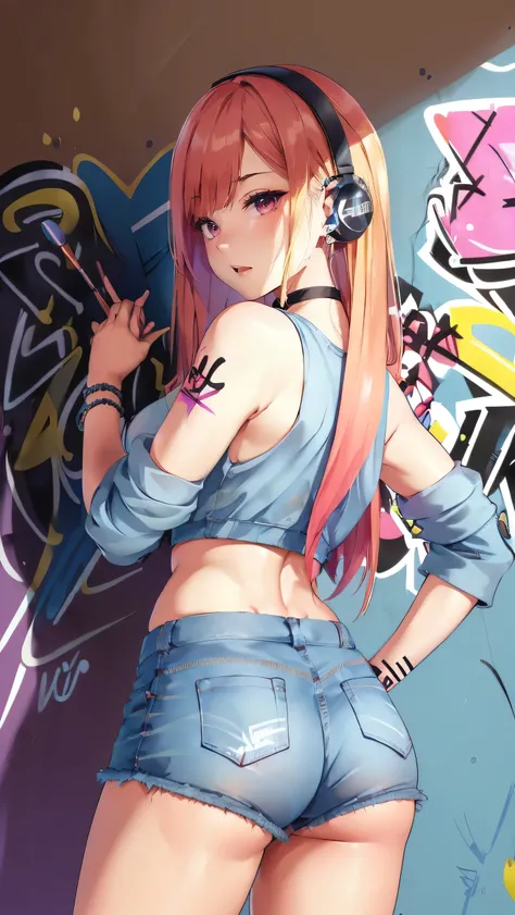 masterpiece, best quality, bbw girl, solo, crop top, denim shorts, choker, (graffiti:1.5), paint splatter, arms behind back, rear view, looking at viewer, armband, thigh strap, paint on body, head tilt, bored, multicolored hair, aqua eyes, headset,nsfw