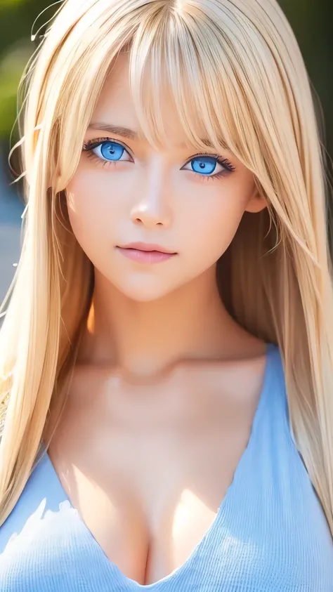 Face focus, Crazy for love, 14 years old , Frilled Summer Dress, Very beautiful blonde Scandinavian girl, Overwhelmingly beautiful, Beautiful shiny super long straight blonde silky hair、Blonde bangs over the eyes、Blonde hair over one eye、Blonde hair bet...