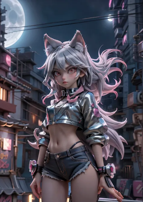 Wolf Girl、Silver long hair、Pink Cyberpunk Fashion、Gaze Here、Stand on the roof of a building、The cityscape below、Moonlit Night、moonlight、Perfect lighting、Sharp Focus、High definition、high resolution、High color rendering、High resolution、Ultra-realistic、photo ...