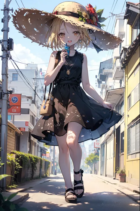 (annakyouyama, anna kyouyama, Blonde Hair, short hair, (Brown eyes:1.7),happy smile, smile, Open your mouth,Big straw hat,Black sleeveless dress,Long skirt,Cute Sandals,Daytime,Clear skies,Walking,
壊す looking at viewer, whole body,
Destroy outdoors, Buildi...