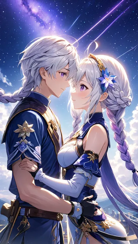 1gril,(1boy),girl braid,ahoge,long hair, hair ornament,hair flower, petals, twin braids, purple eye,gloves, breasts,large breasts,elbow gloves,white gloves, bangs, bare shoulders,leotard,1boy,white hair,animal ears for boy,katana,Starry sky, night,1boy and...