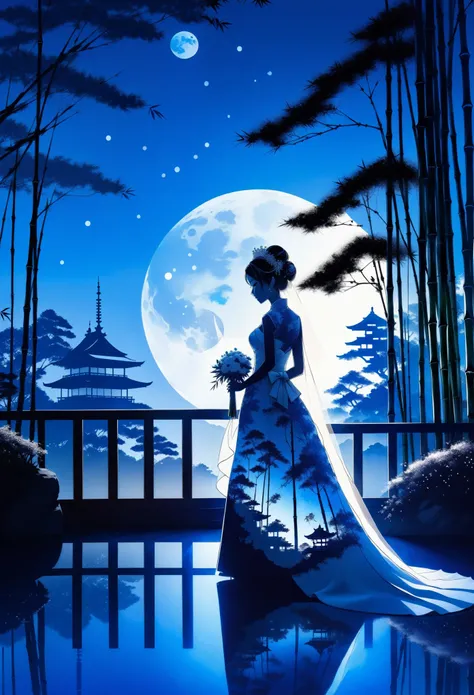 ((silhouette art)), 1bride attire, (double exposure:1.3), a restaurant wedding overlooking a japanese garden with a bamboo fores...