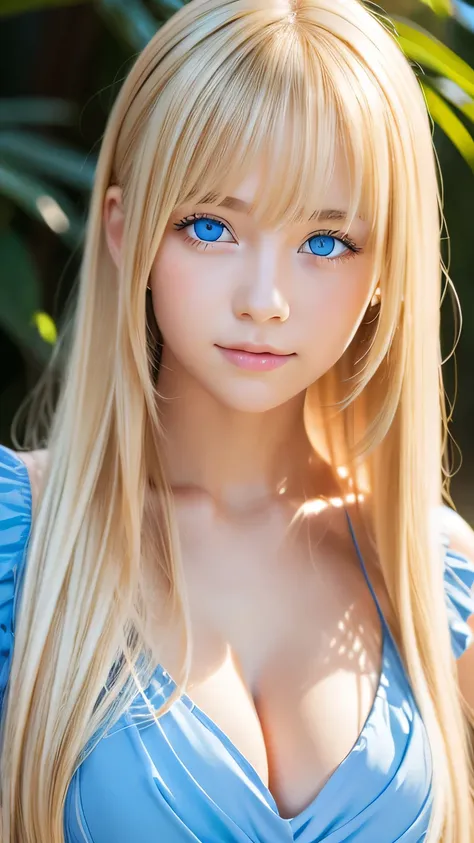 Face focus, Crazy for love,  14 years old , Frilled Summer Dress,  Very beautiful blonde Scandinavian girl,  Overwhelmingly beautiful, Beautiful shiny super long straight blonde silky hair、Blonde bangs over the eyes、Blonde hair over one eye、Blonde hair bet...