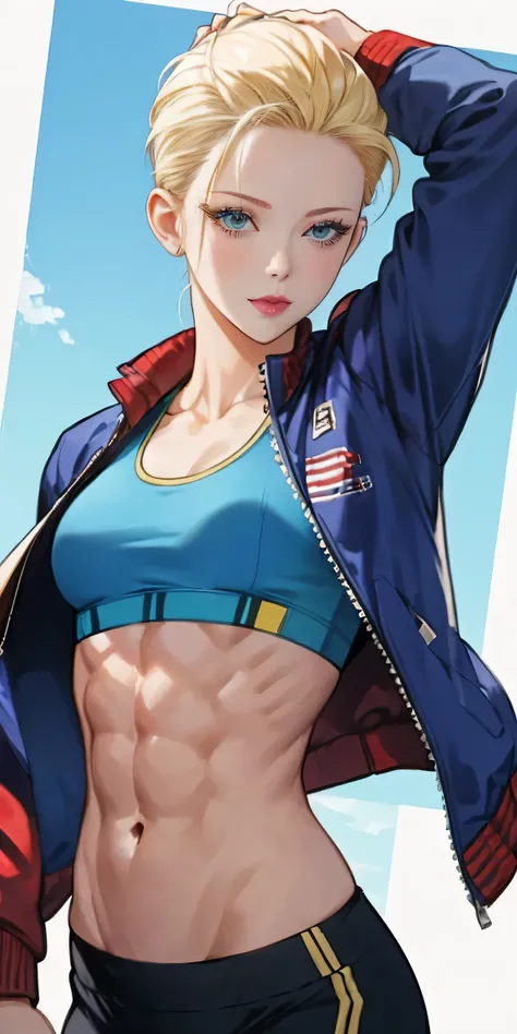 cammy_white , cammy sf6 ,solo , blonde hair ,hair slicked back, blue eyes, short hair, sports bra , blue jacket , yoga pant, looking at viewer, abs, upper body,