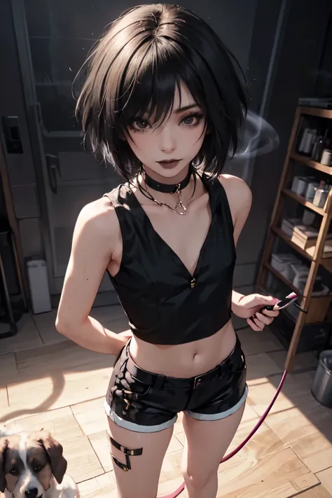 1girl, woman, emo_hairstyle, black lipstick, dog collar, eyeliner, eye shadow, smoky eyes, realistic lighting, short hair, flat chest, sleeveless silk shirt, hot pants, standing up.