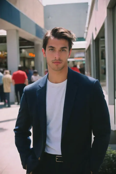 natural light, analog film photo, Kodachrome , Handsome Men short hair ,Mall
