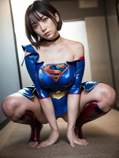 masterpiece、supergirl costume、short hair、barefoot、big and ample breasts、crisis situation、complete surrender、police department、in...