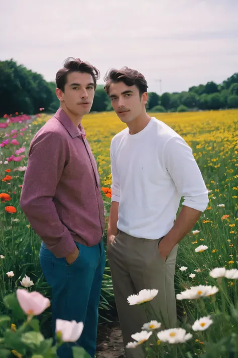 handsome men standing in a beautiful field of flowers, with colorful flowers everywhere, perfect lighting, using a leica summicr...