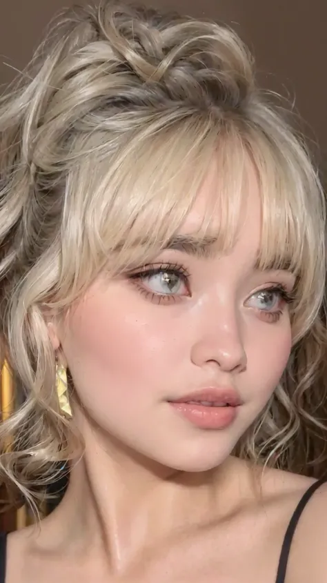 Mujer rubia con un recogido desordenado y un top negro., flequillo esponjoso, cabello rubio y ojos grandes, flequillo blanco, Sabrina Carpenter, flequillo rizado, flequillo de cortina, pecas suaves, flequillo desordenado, retrato de kim petras, Imogen Poot...