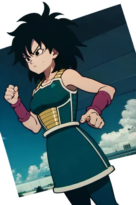 gine,short black hair, black eyes, bare shoulders,pink wristbands,breastplate, green saiyan armor,green skirt,pantyhose, looking serious, angry, fighting pose, village, blue sky, high quality, masterpiece mature appearance,armpits,sweat,sweaty,sweaty armpi...