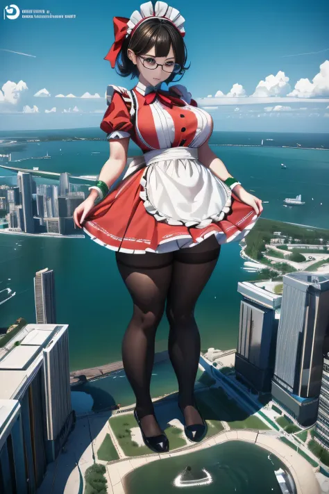 giantess art, highly detailed giantess shots, giantess, Two legs, Five fingers, short hair, A beautiful girl who is bigger than any skyscraper, Wearing rimless glasses, Big Breasts, Big Butt, Maid clothes, Black Pantyhose, black pantyhose, pantyhose feet, ...