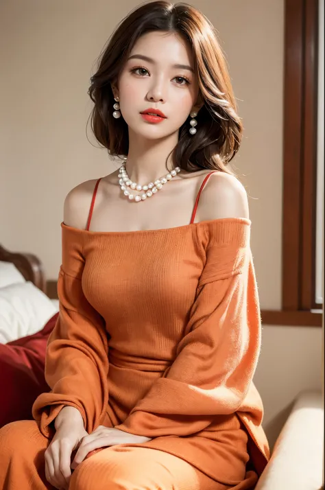 ((masterpiece)), ((best quality)), 8k, high detailed, ultra-detailed,1girl, portrait photography, warm lighting, soft focus, vibrant colors, indoor setting, young adult female, Chinese cultural elements, red earrings, pearl necklace, reds and oranges, eleg...